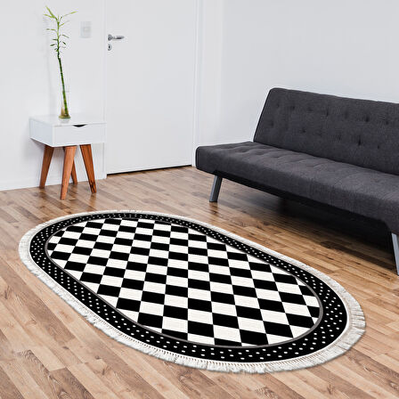 Alanur Star Kaymaz Pamuk Tabanlı Saçaklı Dijital Halı Oval