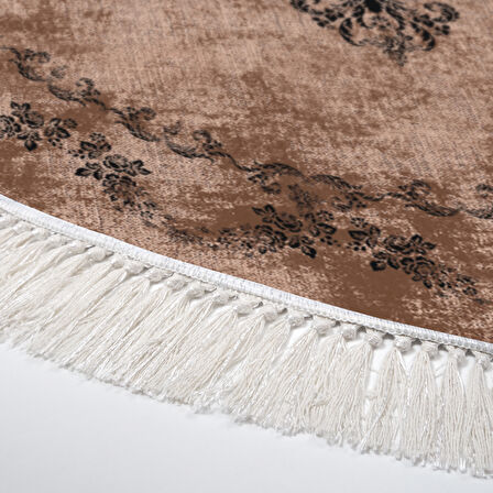 Alanur Star Kaymaz Pamuk Tabanlı Saçaklı Dijital Halı Yuvarlak