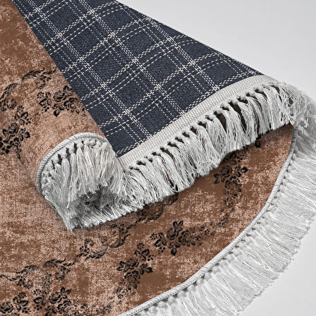 Alanur Star Kaymaz Pamuk Tabanlı Saçaklı Dijital Halı Yuvarlak