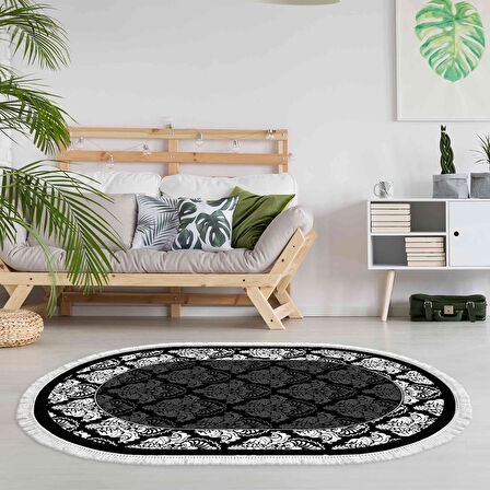 Alanur Yıldız Deri Tabanlı Saçaklı Dijital Halı Yuvarlak