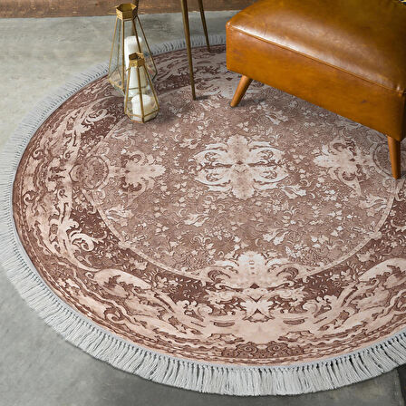 Alanur Yıldız Kaymaz Deri Tabanlı Saçaklı Dijital Halı Yuvarlak