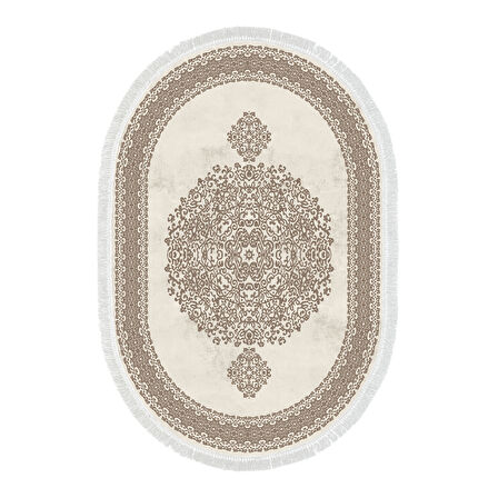 Alanur Star Kaymaz Pamuk Tabanlı Saçaklı Dijital Halı Oval