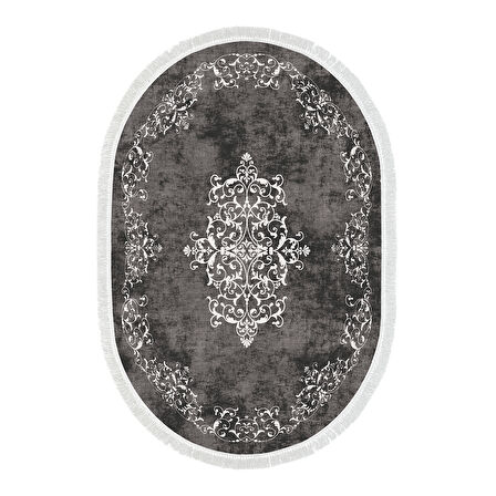 Alanur Yıldız Kaymaz Deri Tabanlı Saçaklı Dijital Halı Oval