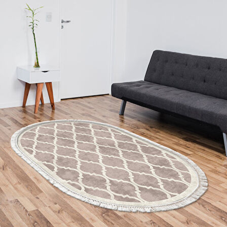 Alanur Trend Kaymaz Dod Tabanlı Saçaklı Dijital Halı Oval