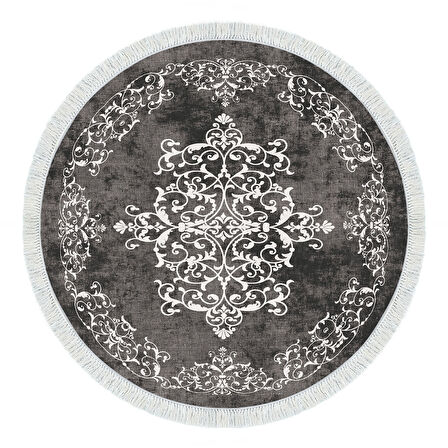 Alanur Star Kaymaz Pamuk Tabanlı Saçaklı Dijital Halı Yuvarlak