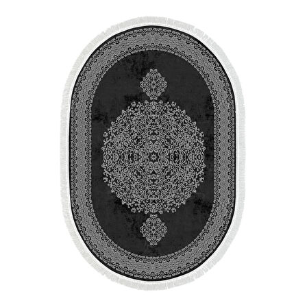 Alanur Yıldız Kaymaz Deri Tabanlı Saçaklı Dijital Halı Oval