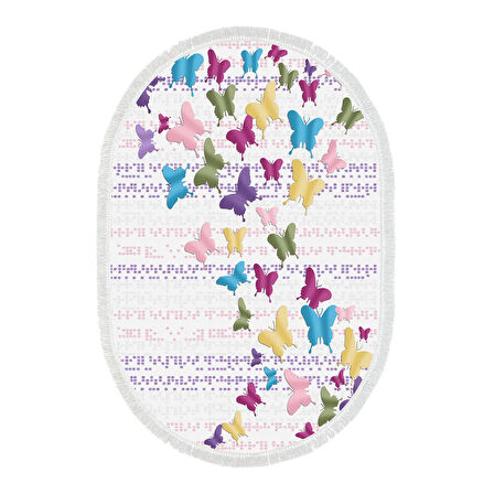 Alanur Star Kaymaz Pamuk Tabanlı Saçaklı Dijital Halı Oval Multi