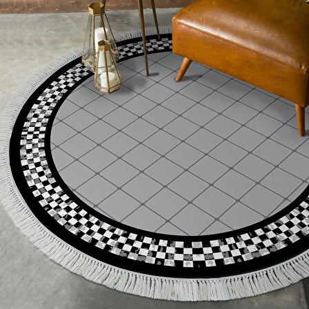 Alanur Star Kaymaz Pamuk Tabanlı Saçaklı Dijital Halı Yuvarlak