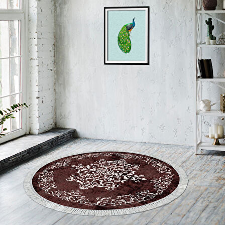 Alanur Yıldız Kaymaz Deri Tabanlı Saçaklı Dijital Halı Yuvarlak