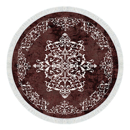 Alanur Yıldız Kaymaz Deri Tabanlı Saçaklı Dijital Halı Yuvarlak