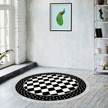 Alanur Star Kaymaz Pamuk Tabanlı Saçaklı Dijital Halı Yuvarlak