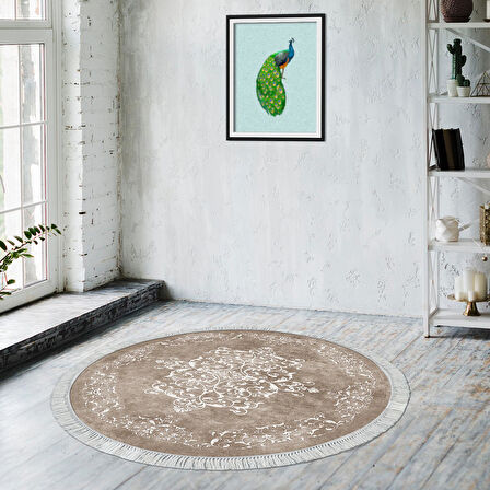 Alanur Trend Kaymaz Dod Tabanlı Saçaklı Dijital Halı Yuvarlak