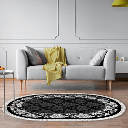 Alanur Trend Keçe Tabanlı Saçaklı Dijital Halı Oval