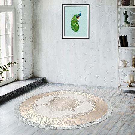 Alanur Trend Keçe Tabanlı Saçaklı Dijital Halı Yuvarlak