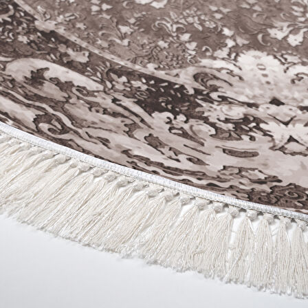 Alanur Yıldız Kaymaz Deri Tabanlı Saçaklı Dijital Halı Yuvarlak