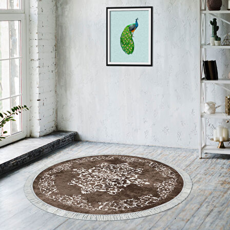 Alanur Star Kaymaz Pamuk Tabanlı Saçaklı Dijital Halı Yuvarlak