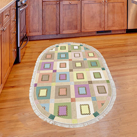 Alanur Trend Keçe Tabanlı Saçaklı Oval Mutfak Halı Mu101