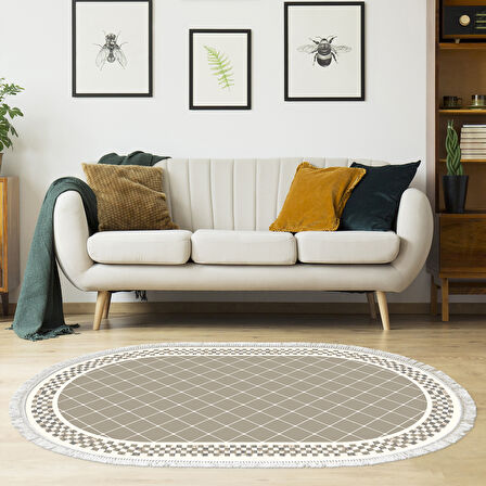 Alanur Trend Kaymaz Dod Tabanlı Saçaklı Dijital Halı Oval