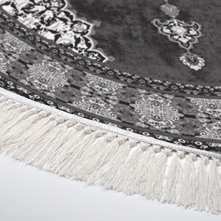 Alanur Yıldız Kaymaz Deri Tabanlı Saçaklı Dijital Halı Yuvarlak