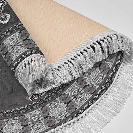 Alanur Yıldız Kaymaz Deri Tabanlı Saçaklı Dijital Halı Yuvarlak