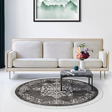 Alanur Yıldız Kaymaz Deri Tabanlı Saçaklı Dijital Halı Yuvarlak