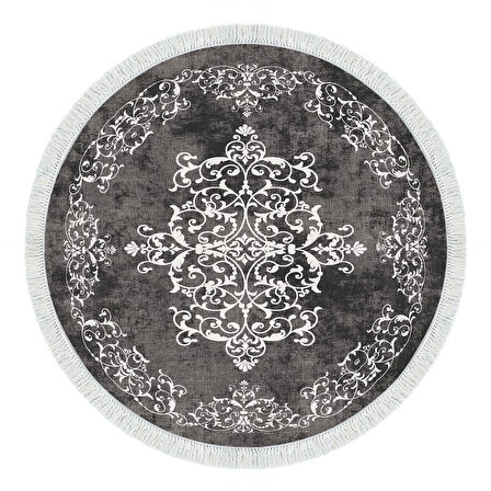 Alanur Trend Kaymaz Dod Tabanlı Saçaklı Dijital Halı Yuvarlak