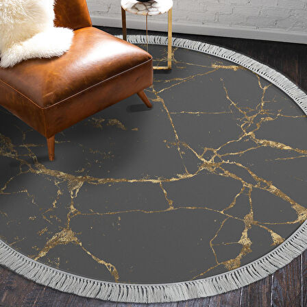 Alanur Trend Keçe Tabanlı Saçaklı Dijital Halı Yuvarlak