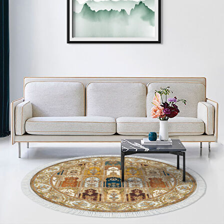 Alanur Star Kaymaz Pamuk Tabanlı Saçaklı Dijital Halı Yuvarlak Multi