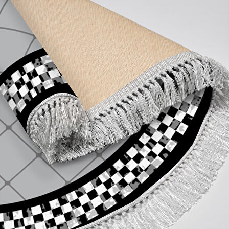 Alanur Yıldız Kaymaz Deri Tabanlı Saçaklı Dijital Halı Yuvarlak