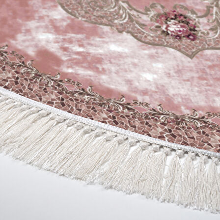 Alanur Trend Kaymaz Dod Tabanlı Saçaklı Dijital Halı Yuvarlak