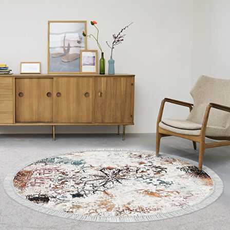 Alanur Trend Kaymaz Dod Tabanlı Saçaklı Dijital Halı Yuvarlak