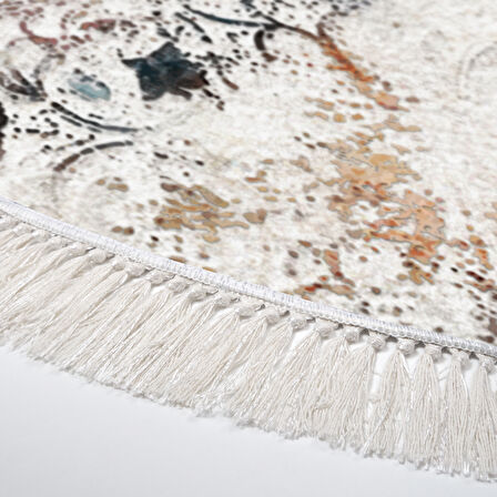 Alanur Trend Kaymaz Dod Tabanlı Saçaklı Dijital Halı Yuvarlak