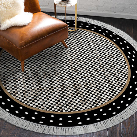 Alanur Trend Kaymaz Dod Tabanlı Saçaklı Dijital Halı Yuvarlak