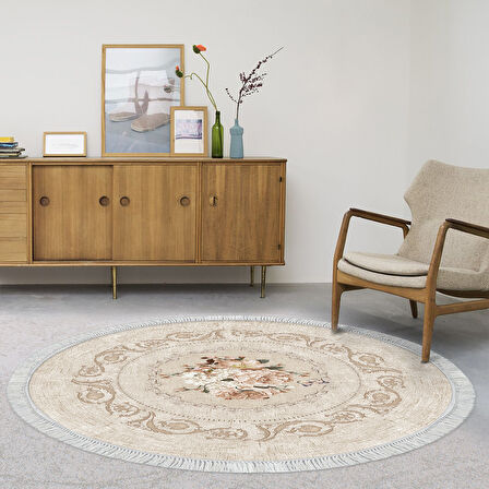 Alanur Yıldız Deri Tabanlı Saçaklı Dijital Halı Yuvarlak