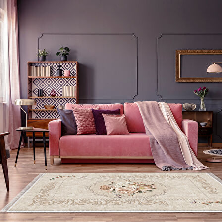 Alanur Yıldız Deri Tabanlı Saçaklı Dijital Halı Yuvarlak