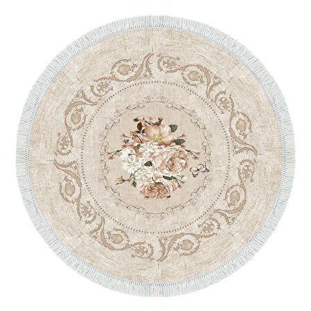 Alanur Yıldız Deri Tabanlı Saçaklı Dijital Halı Yuvarlak