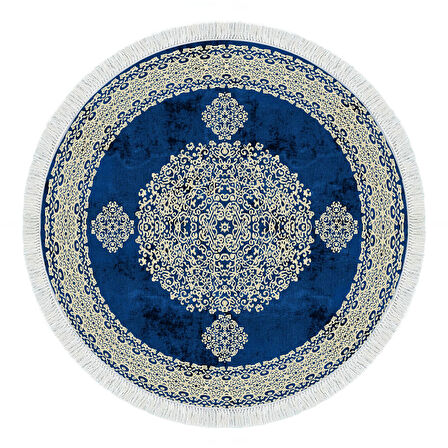 Alanur Yıldız Kaymaz Deri Tabanlı Saçaklı Dijital Halı Yuvarlak