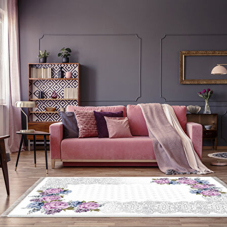 Alanur Trend Keçe Tabanlı Saçaklı Dijital Halı Oval