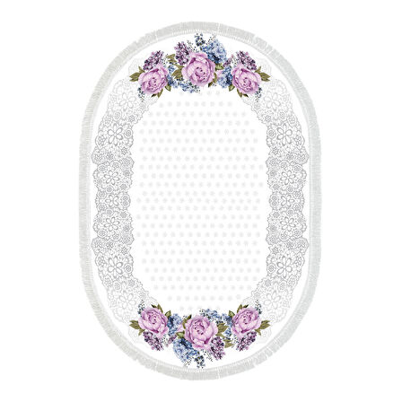 Alanur Trend Keçe Tabanlı Saçaklı Dijital Halı Oval