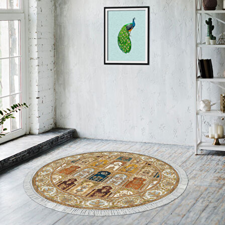 Alanur Trend Kaymaz Dod Tabanlı Saçaklı Dijital Halı Yuvarlak Multi