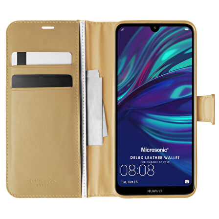 Microsonic Huawei Y7 2019 Kılıf Delux Leather Wallet Gold