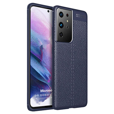 Microsonic Samsung Galaxy S21 Ultra Kılıf Deri Dokulu Silikon Lacivert