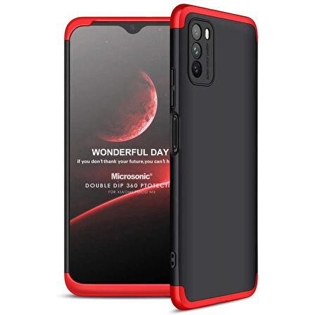 Microsonic Xiaomi Poco M3 Kılıf Double Dip 360 Protective Siyah Kırmızı
