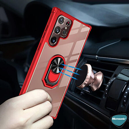 Microsonic Samsung Galaxy S22 Ultra Kılıf Grande Clear Ring Holder Kırmızı