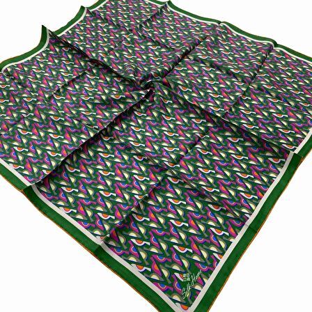 Silk Home Yeşil-Pembe Geometrik Desenli Tivil İpek Eşarp 11413-218