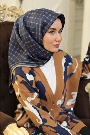Silk Home Lacivert Desenli Tivil İpek Eşarp 11393-10