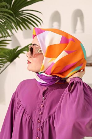 Silk Home Mor-Beyaz Çiçek Desen Tivil İpek Eşarp 11408-02