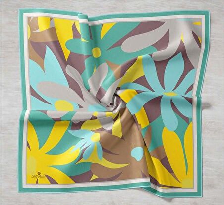 Silk Home Mint Yeşili-Sarı Çiçek Desen Tivil İpek Eşarp 11408-30