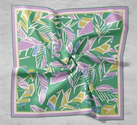 Silk Home Toz Pembe-Limon Sarısı Geometrik Yaprak Desen Tivil İpek Eşarp 11407-58