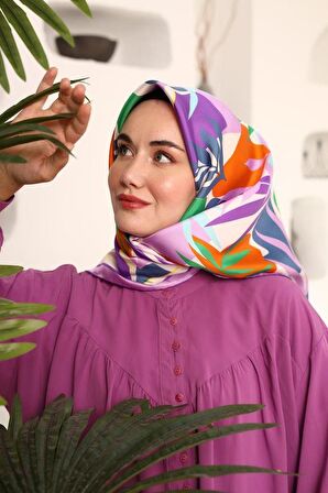 Silk Home Lila-Yeşil Yaprak Desen Tivil İpek Eşarp 11406-17